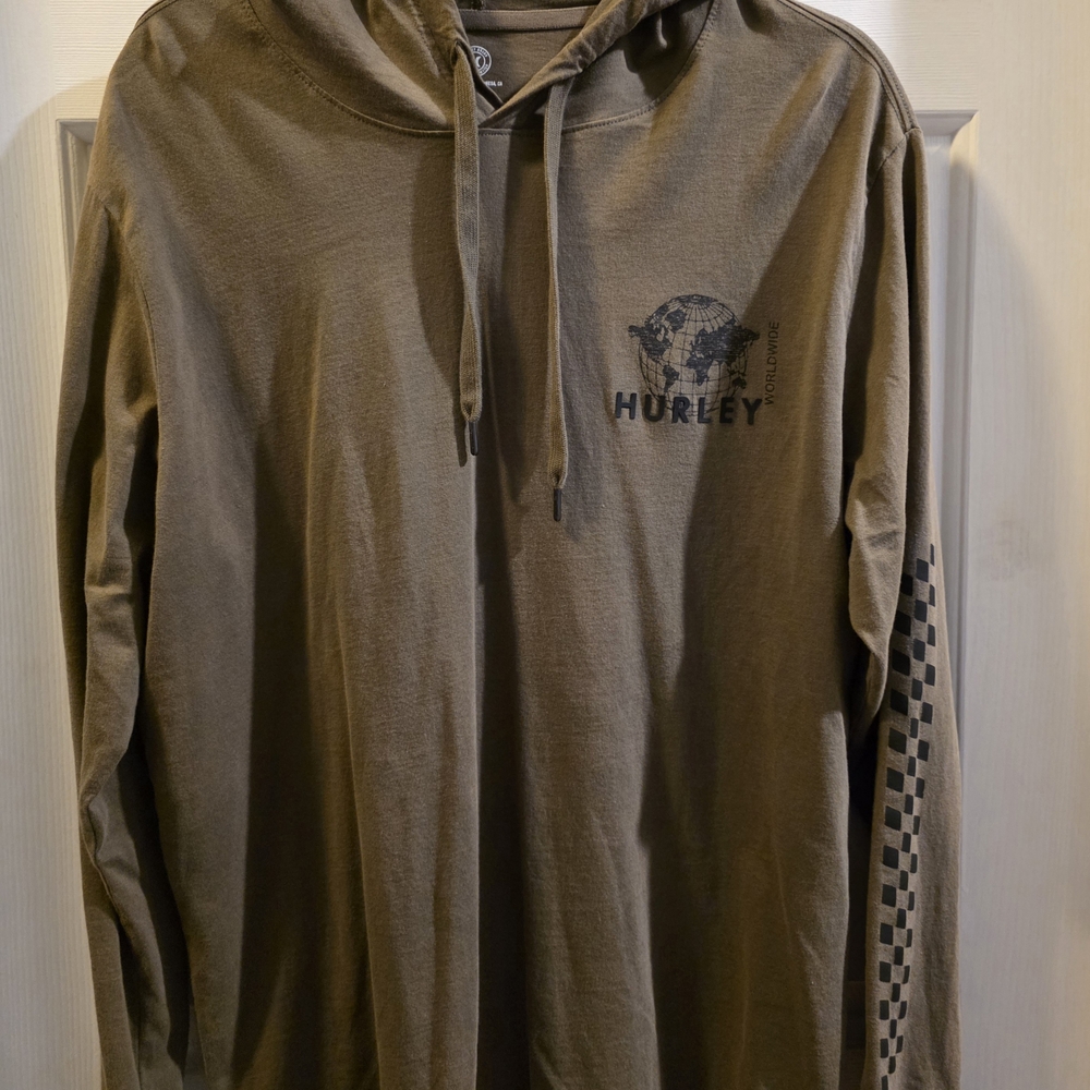 Hurley Men's Olive Hoodie with Checkered Sleeve
